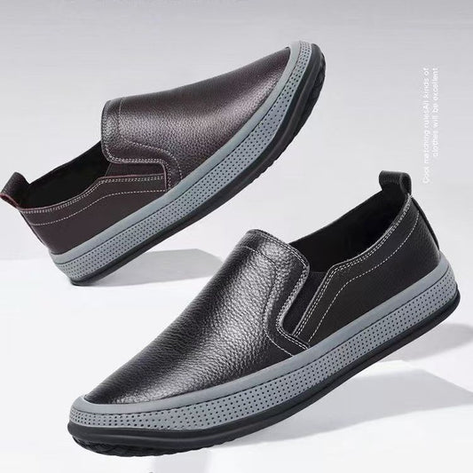 [Men's leather shoes] new business casual round toe dad anti-slip waterproof slip foot soft-soled platform shoes wear-resistant one