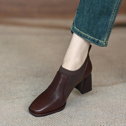 2024 new thick-heeled high heels women's spring and autumn nude boots, brown knitted deep shoes, British-style leather shoes