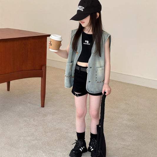 No refund or exchange Girls' summer thin studded vest denim jacket Children's Korean version mid-length sleeveless vest