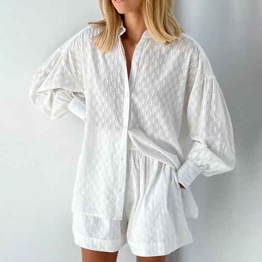 2024 summer women's European and American shirts, jacquard puff sleeves, temperament tops, shorts, commuting design, sense of casual suit