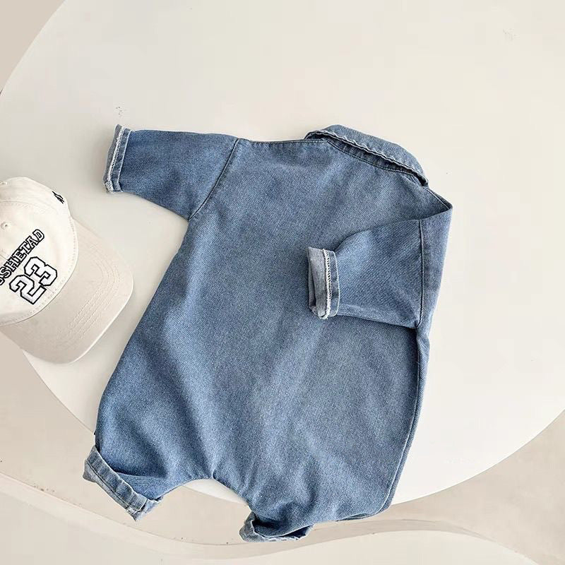 Baby onesies, spring and autumn denim bears, babies and toddlers, go out, hats, onesies, men's and women's baby climbing clothes