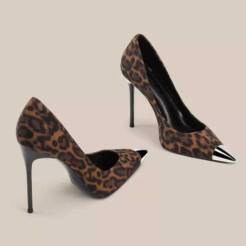2025 New Niche Design Metallic Iron Toe Leopard Print Pointed Toe High Heels Pumps 10cm Stiletto Single Shoes Women