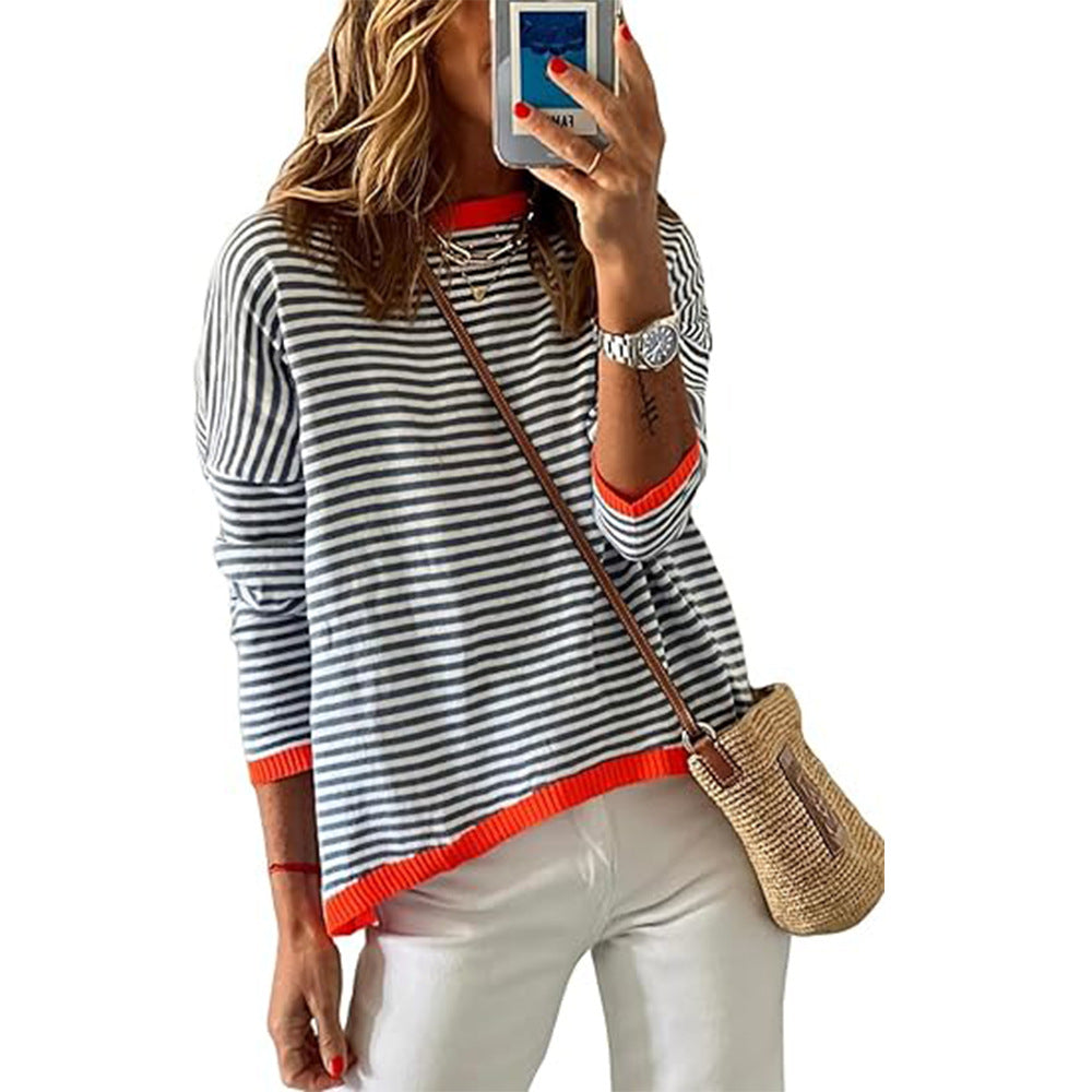 2024 autumn and winter new cross-border European and American women's Amazon women's round neck striped contrast long-sleeved casual sweater