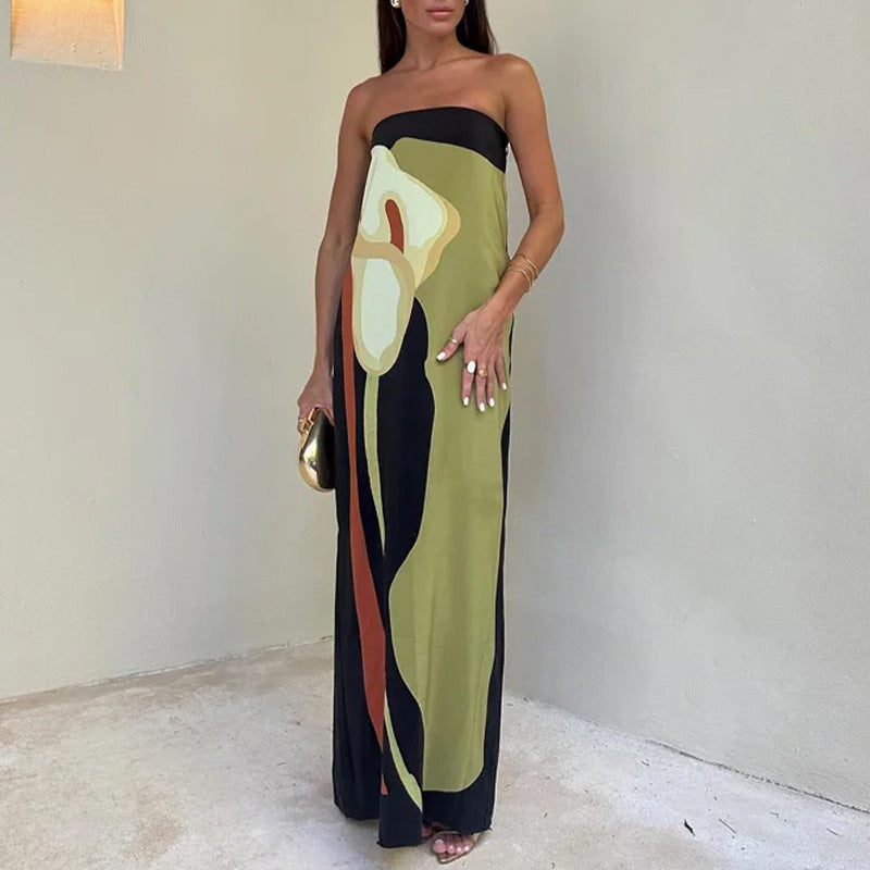 2025 independent station new European and American women's fashion sleeveless off-the-shoulder avant-garde backless printed European and American dresses
