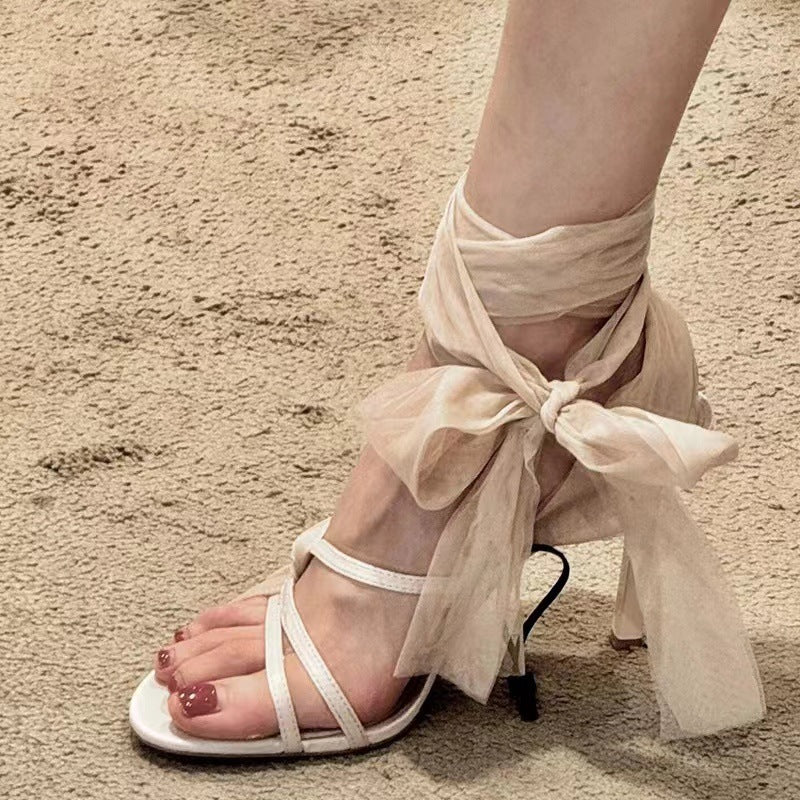 ZAZBLBQNRA WOMEN'S SHOES FAIRY STYLE STRAP UP NET CELEBRITY OPEN TOE HIGH HEEL SANDALS WOMEN'S SUMMER HIGH HEELS FRENCH SANDALS WOMEN