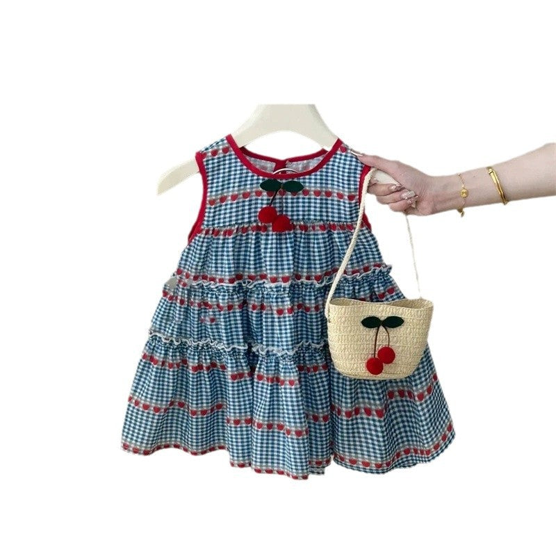 Ningli children's clothing summer new girls sweet blue check sleeveless dress baby girl cherry vest skirt tide