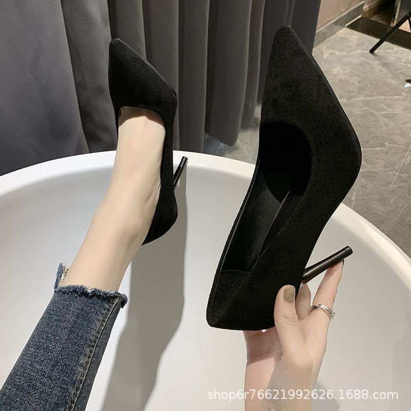 High Heels Women's 2024 Spring and Autumn New Black Stiletto Heel Pointed Toe Shallow Suede Professional Shoes Foreign Trade Plus Size Ceremonial Shoes