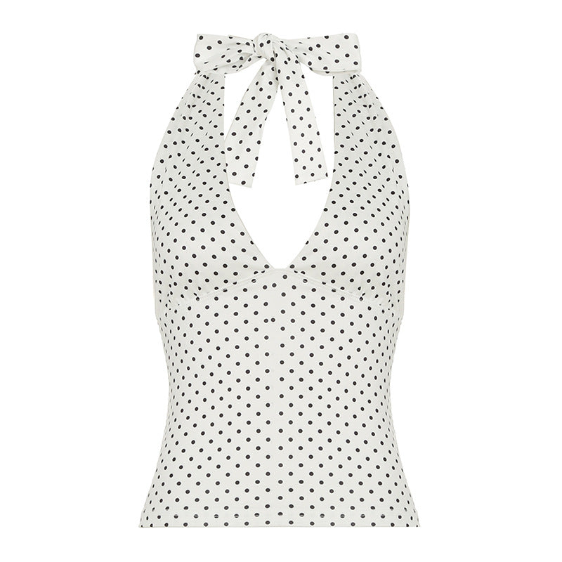 Summer 2024 polka dot print, contrasting lace side panels, V-neck, sleeveless halterneck, leaky back, sexy fashion vest