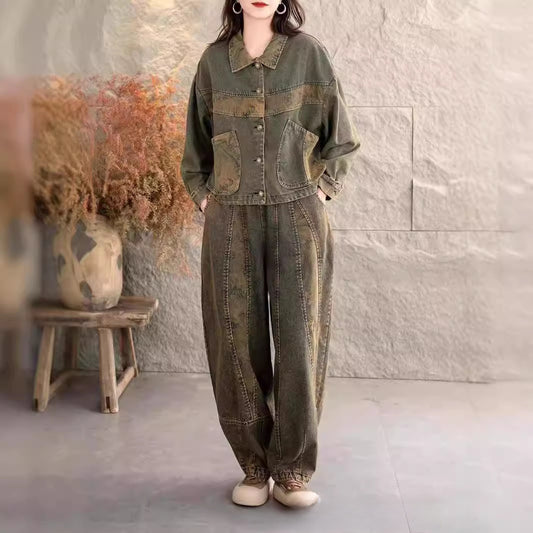 Fall 2024 vintage embroidered floral denim suit lapel cardigan with large pockets elasticated waist baggy jeans