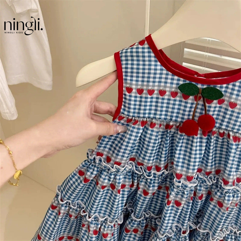 Ningli children's clothing summer new girls sweet blue check sleeveless dress baby girl cherry vest skirt tide
