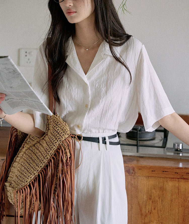 Jicoutre "Nanyang Holiday" loose short sleeve Cuban collar shirt women's summer French vintage casual top