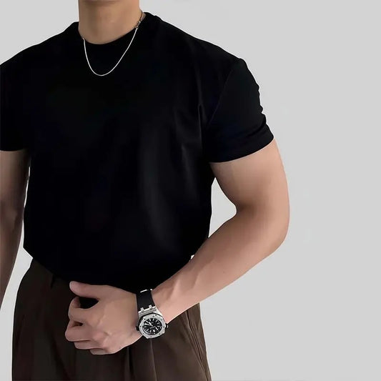 2025 New Korean Version of Solona Shoulder Short Sleeve Men's Top Trend Round Neck Slim and Versatile Solid Color T-Shirt