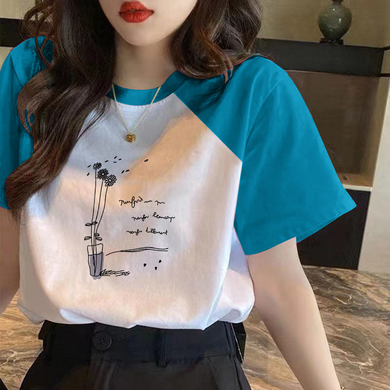 100 cotton contrasting short sleeve t-shirt women's 2024 new spring and summer loose body shirt versatile top ins tide girl