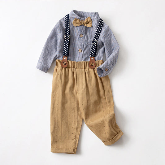 Boy's Suit Autumn Long Sleeve Children's Dress One Year Old Gentleman Dress Spring and Autumn Strap Baby Boy Two Piece Set