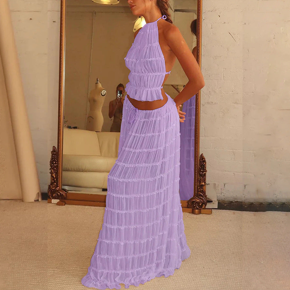 Cross border 2024 summer foreign trade sexy backless halterneck tie pleated lace vest resort style maxi skirt set
