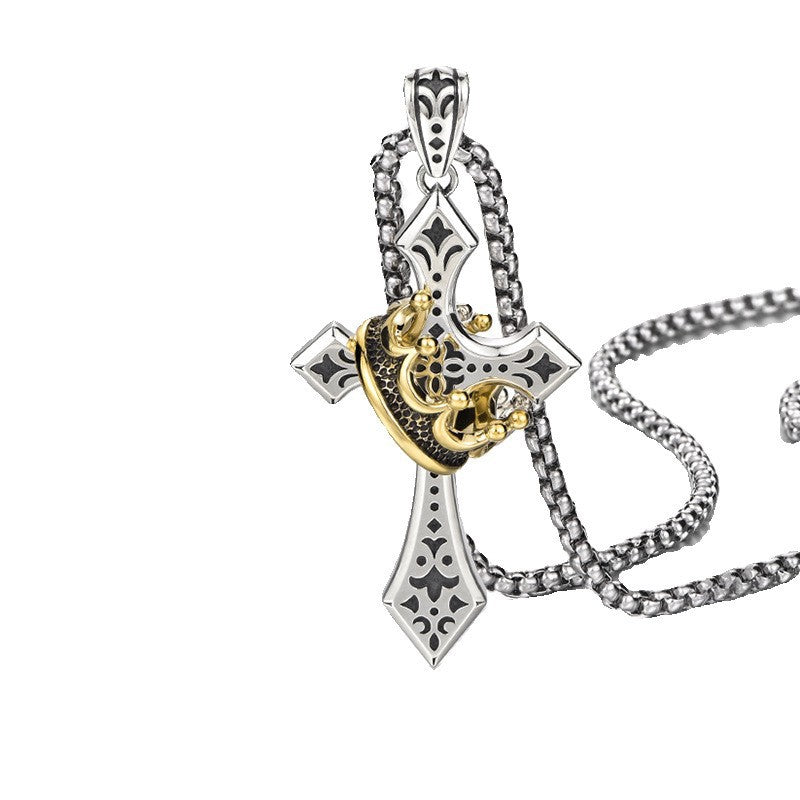 Gold Crown Cross Necklace Men's Trend Personality Vintage Thai Silver Hip Hop Niche Boys Pendant Pendant