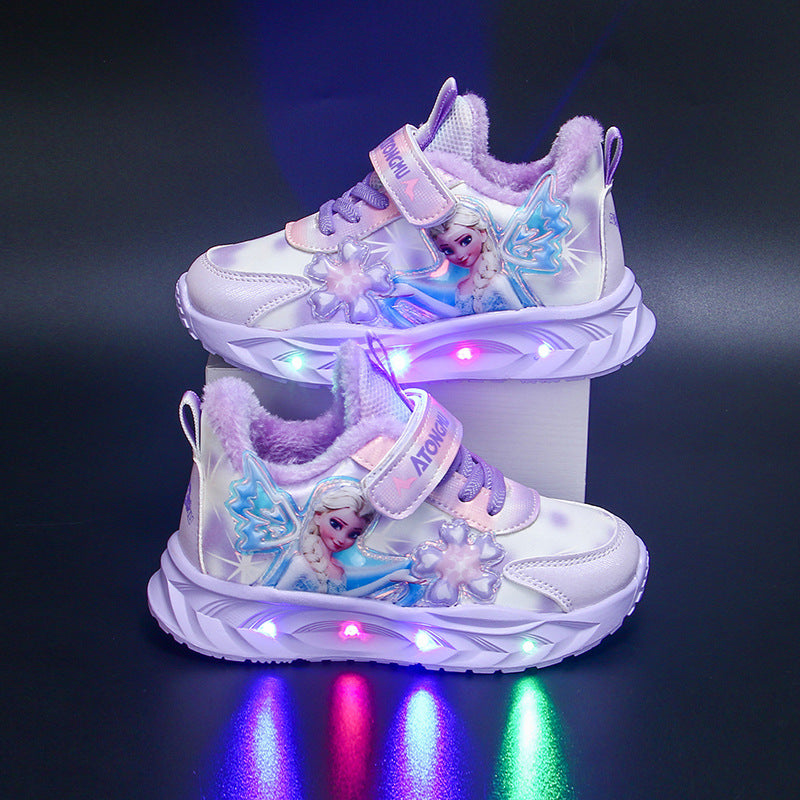 Princess Elsa sneakers with lights, new leather breathable fleece comfortable student running shoes for autumn and winter