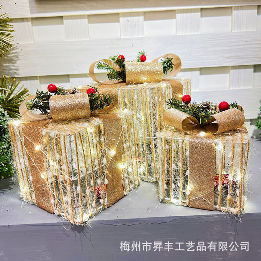 2023 New Cross-border Supply Luminous Three-Piece Christmas Decoration Box Christmas Wrought Iron Ornaments Flocking Gift Box