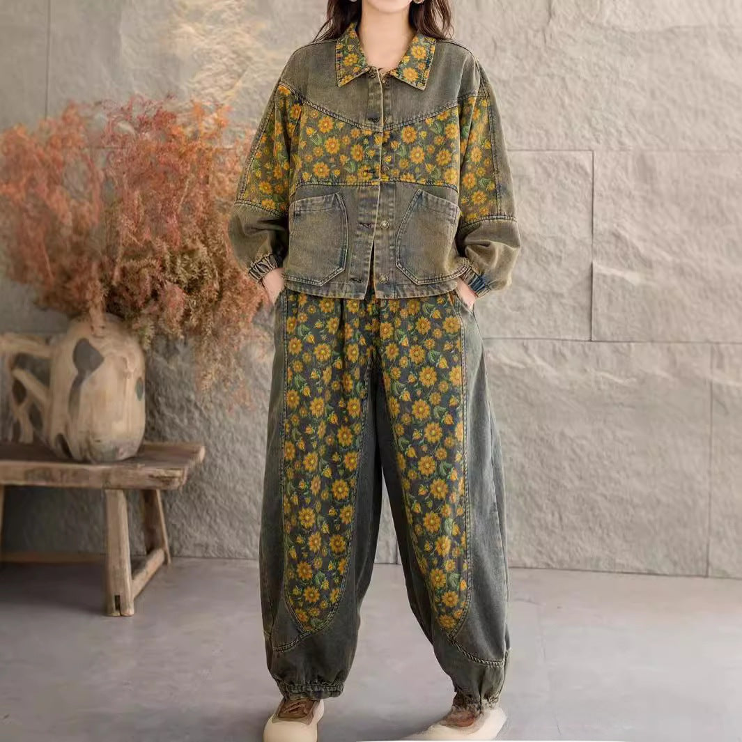 Fall 2024 vintage embroidered floral denim suit lapel cardigan with large pockets elasticated waist baggy jeans