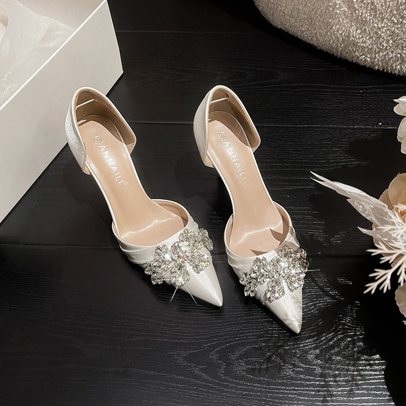 French high heels women's 2025 new rhinestone white wedding bridal shoes temperament celebrity hollow dress single shoes