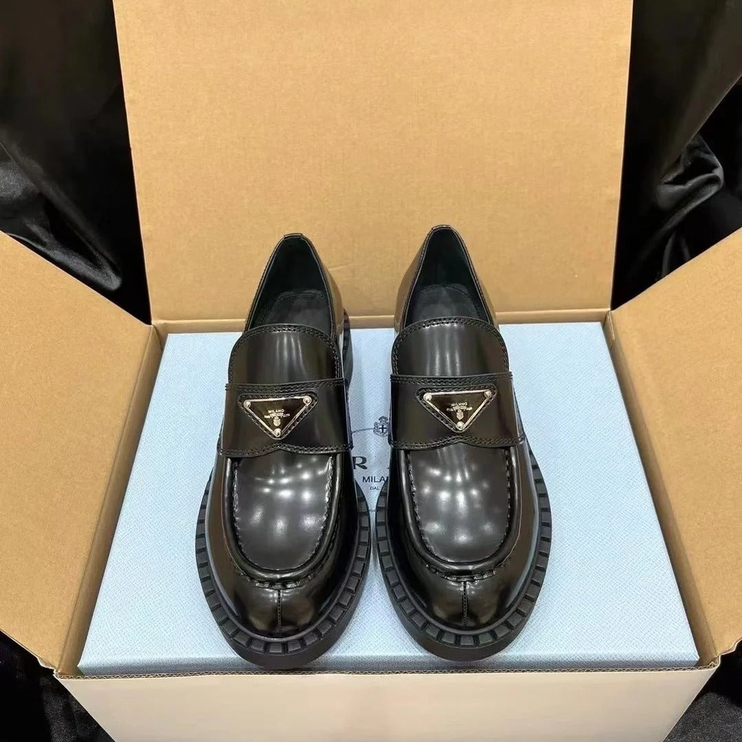 Top version of the P family triangle logo loafers women's spring and summer new British college style slip-on leather platform bag shoes