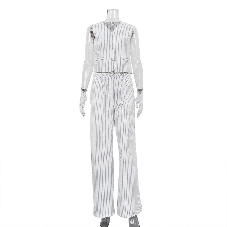 Amazon Hot Sale 2024 New Striped Vest Trouser Set Summer Women's Casual Wear Temperament Commuting Two-Piece Set