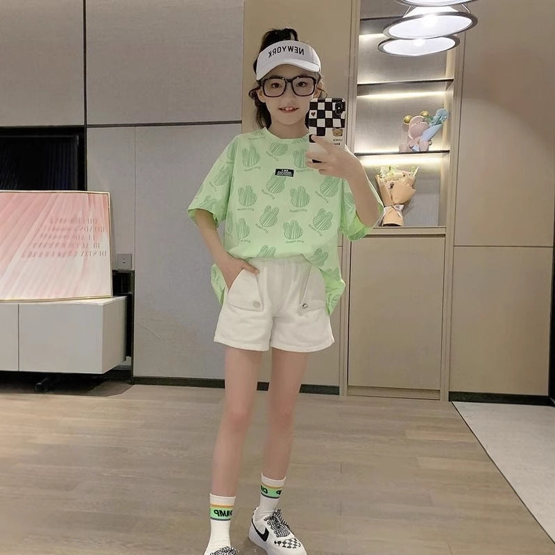 Ice silk short sleeve t-shirt girls summer clothes foreign style 2025 tops new middle and big children's fashionable trendy children's clothes thin children's