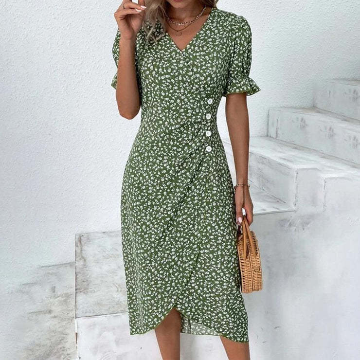 European and American independent station summer hot sale slim women's geometric collage puff sleeves irregular hem dress