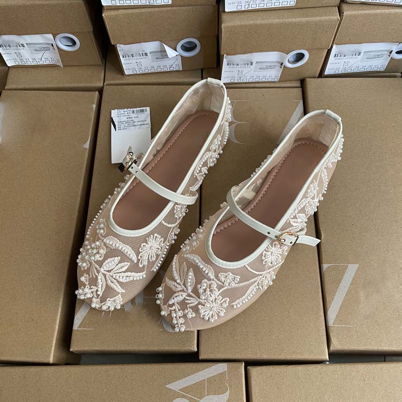 Embroidered pearl mesh ballet shoes women's fashion cut-out mesh round toe flat buckle strap Mary Jane shoes