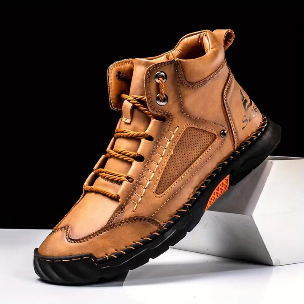 Cross border plus size men's PU leather boots men's fashion hand-stitched ankle boots flat lace-up casual shoes