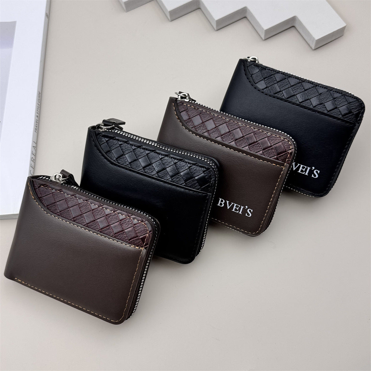 2024 new cross-border wallet men's short horizontal zipper wallet, bi-fold coin wallet, woven pattern stitching wallet