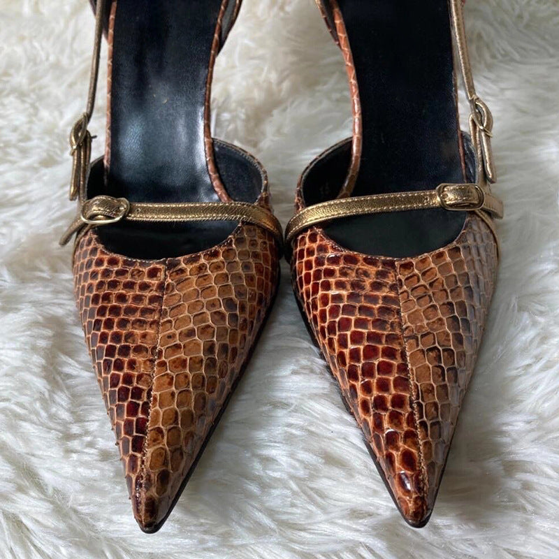 Niche design pointed-toe stiletto snakeskin print heels women's 2024 new vintage babes with belt buckle hollow sandals