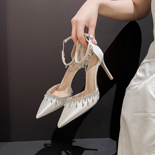White main wedding dress wedding shoes satin strap women's summer fashion tassel chain high heels black temperament hollow sandals