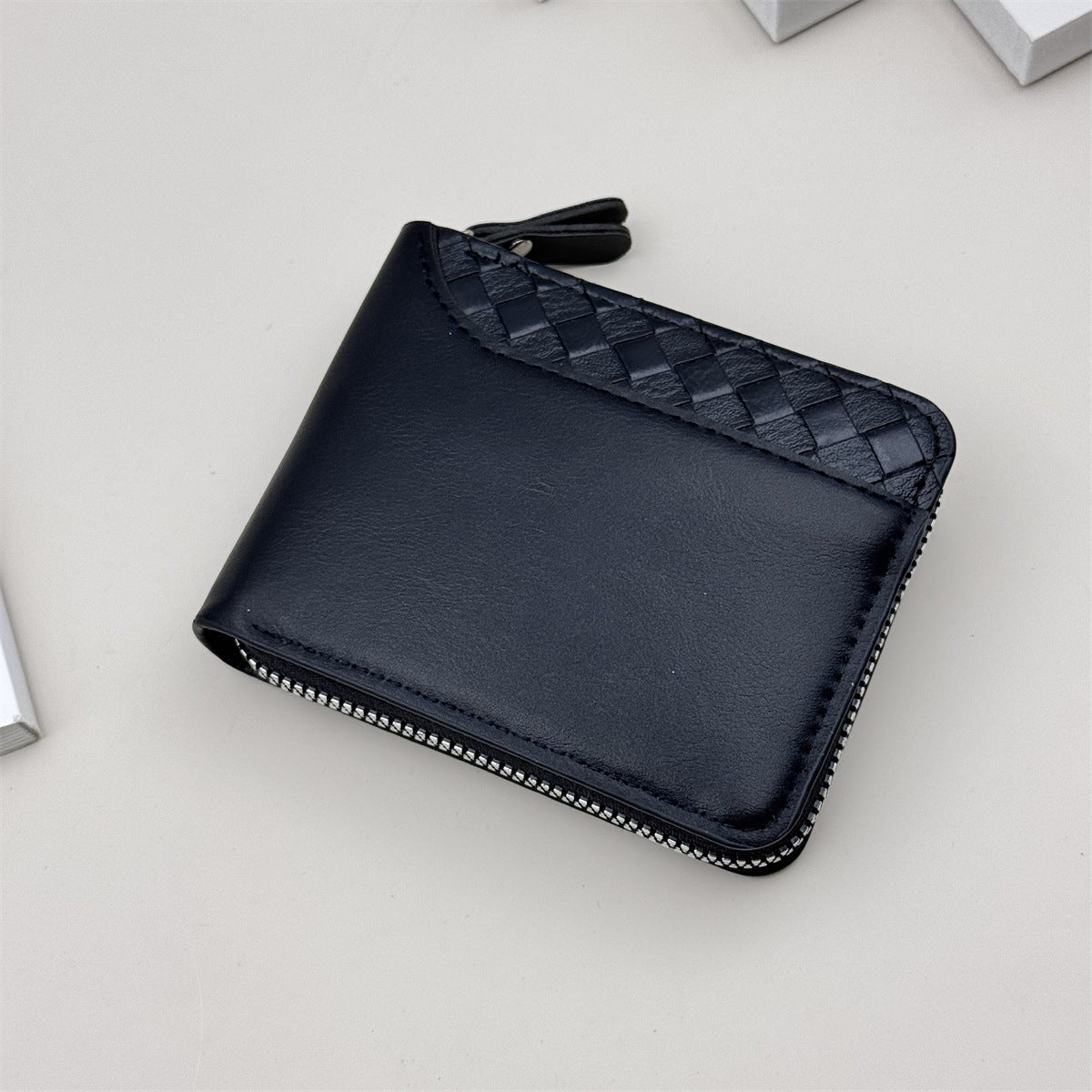 2024 new cross-border wallet men's short horizontal zipper wallet, bi-fold coin wallet, woven pattern stitching wallet