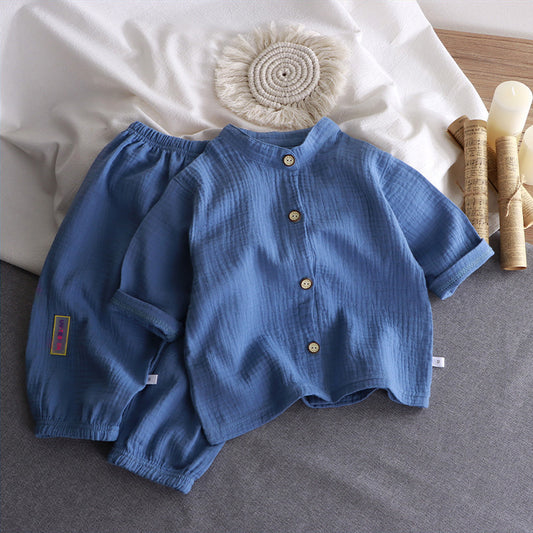 Children's stand-up collar cotton yarn set summer thin boys and girls cotton loungewear baby gauze air-conditioned clothing children's clothing