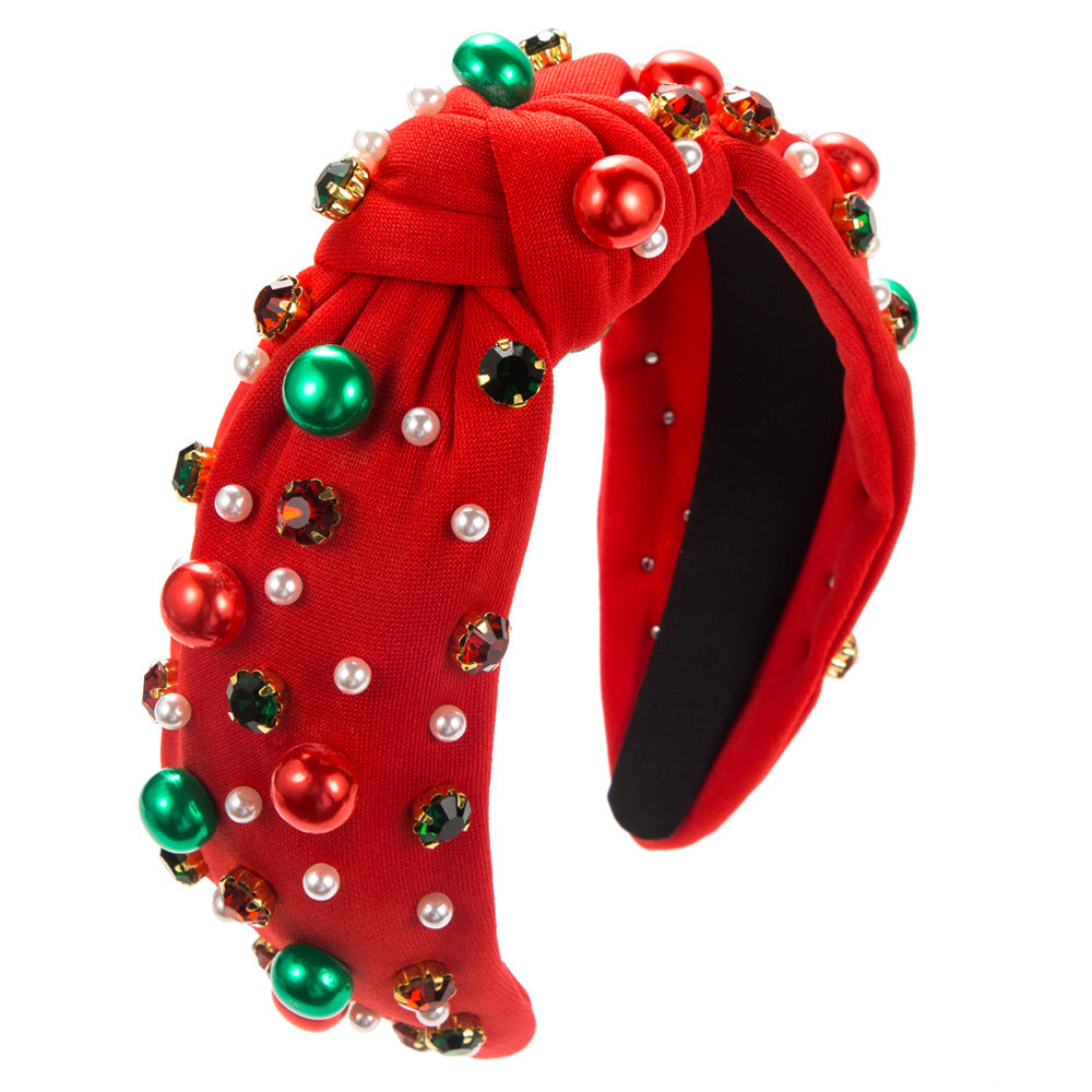 European and American Christmas pearl headband, red and green diamond headband, simple and versatile trendy hair accessory Christmas