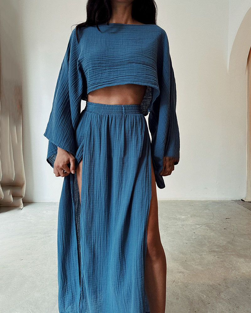 2024 casual vacation linen-blend crop top, high-waisted chic slit, cotton and linen casual two-piece set