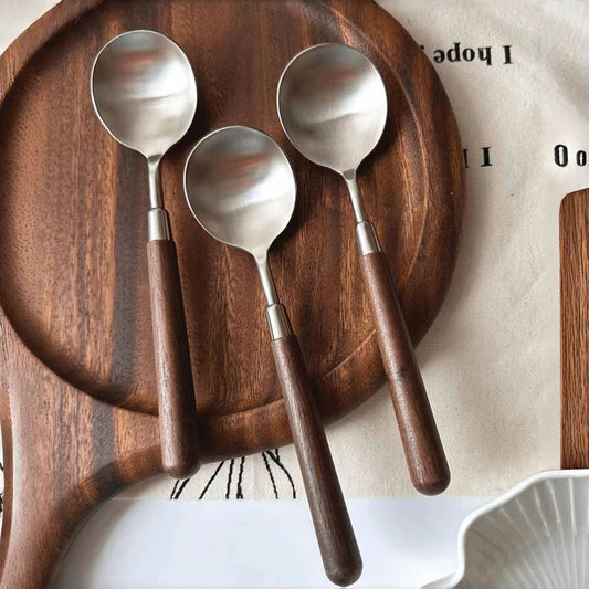 Imitation walnut handle round spoon, high-value household stainless steel small round spoon, dinner spoon, large soup spoon, Western dessert spoon