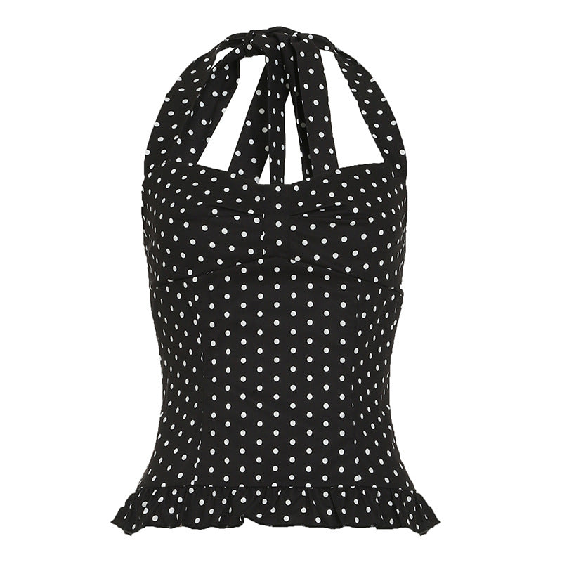 Summer 2024 polka dot print, contrasting lace side panels, V-neck, sleeveless halterneck, leaky back, sexy fashion vest