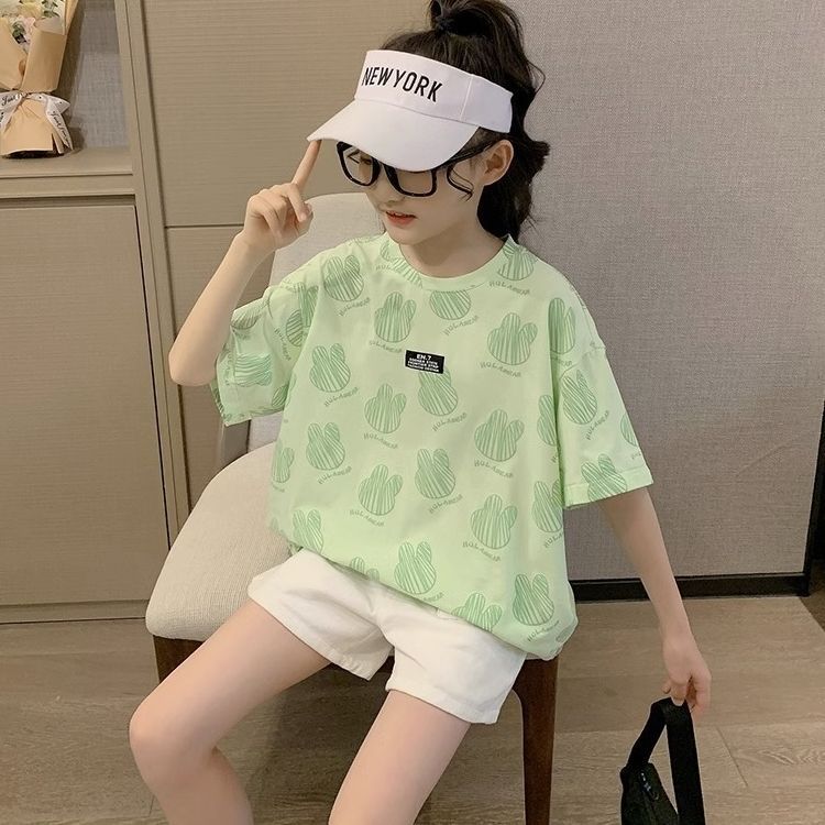 Ice silk short sleeve t-shirt girls summer clothes foreign style 2025 tops new middle and big children's fashionable trendy children's clothes thin children's