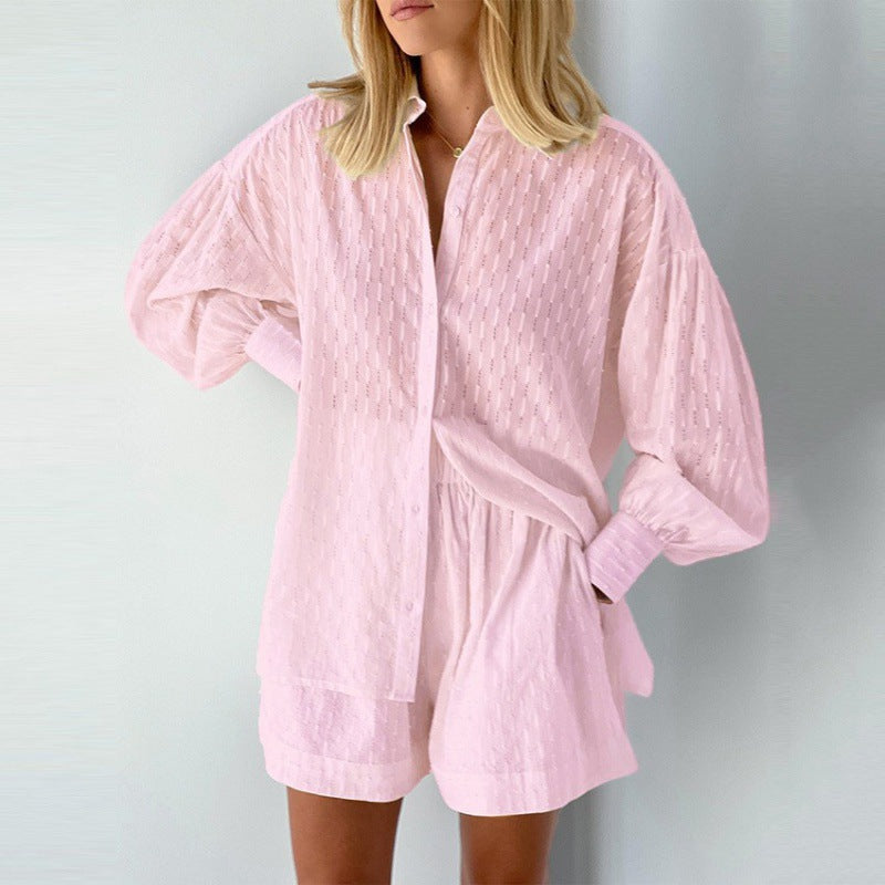 2024 summer women's European and American shirts, jacquard puff sleeves, temperament tops, shorts, commuting design, sense of casual suit