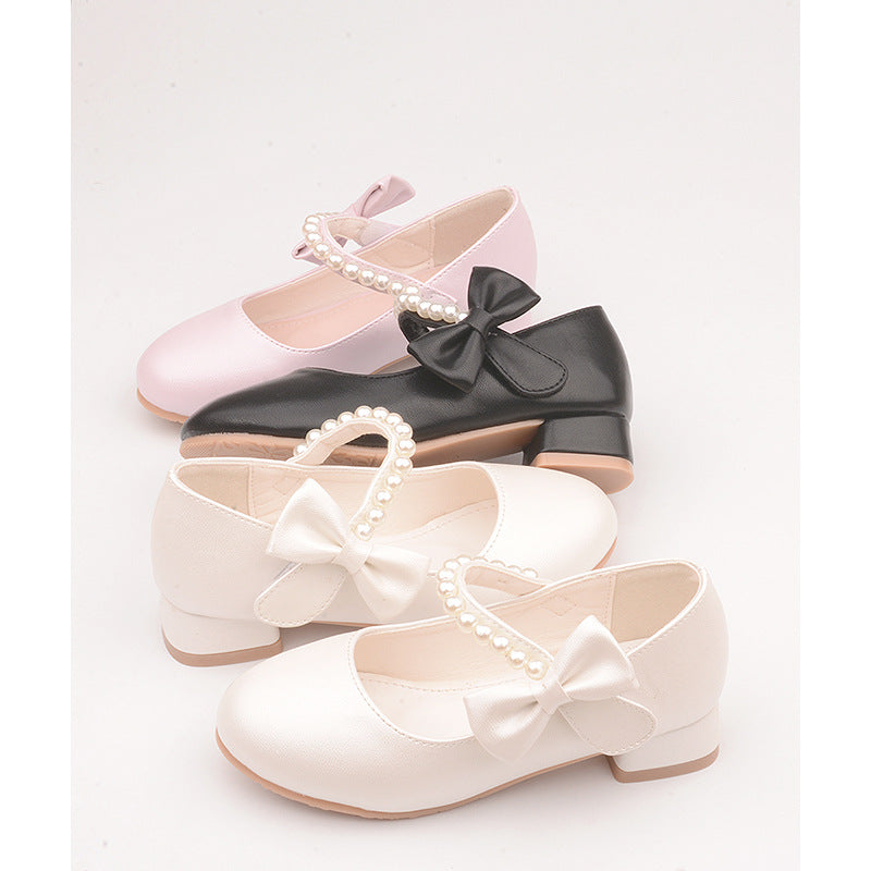 Children's shoes factory wholesale children's leather shoes white bow spring and autumn girls high-heeled princess shoes pearl tide shoes