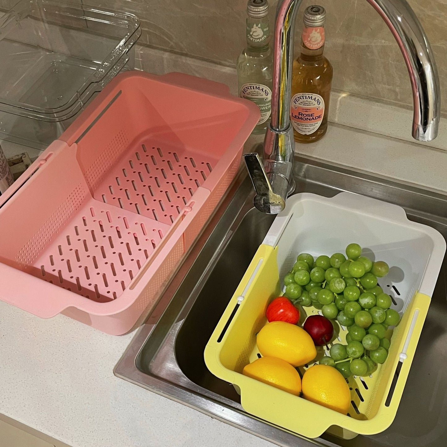 Retractable Draining Basket Macaron Tone Double Layer Multi-Purpose Multi-Purpose Fruit Plate Vegetable Basket Home Kitchen Supplies