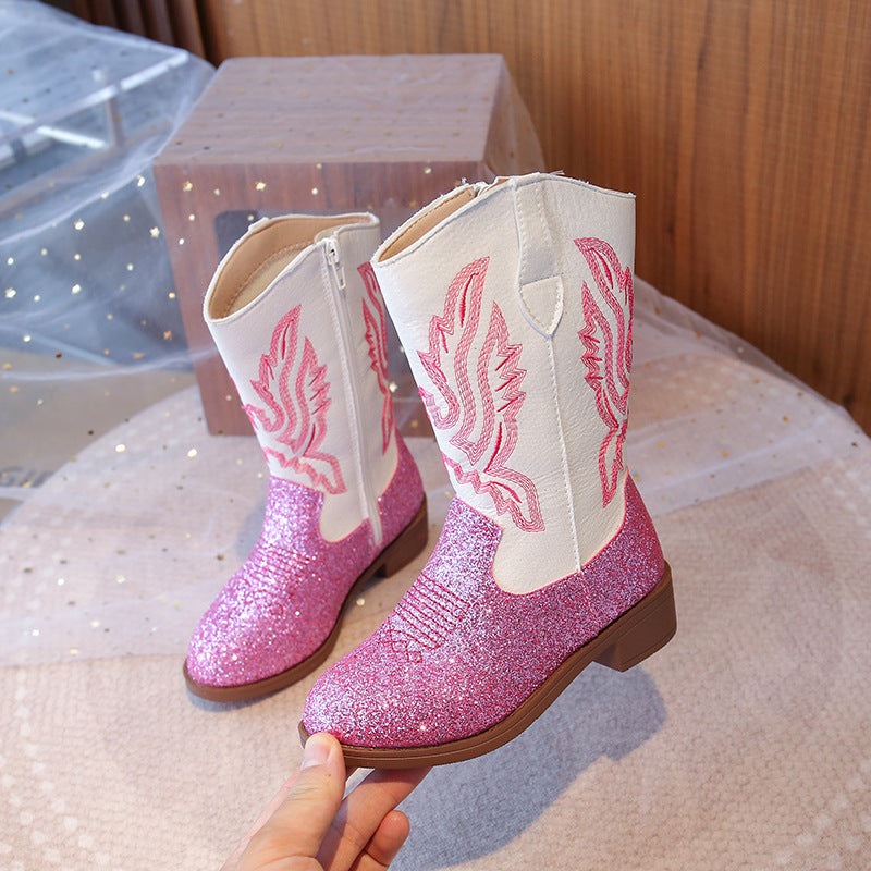 Girls' Princess Boots 2025 Autumn/Winter New Fleece-Lined Warm Long Boots for Little Girls, Embroidered Embroidered Western Boots