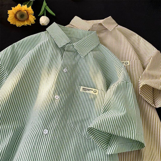 Striped shirt short sleeve men's summer Japanese retro American fashion brand labeled loose large size casual five-quarter sleeve shirt