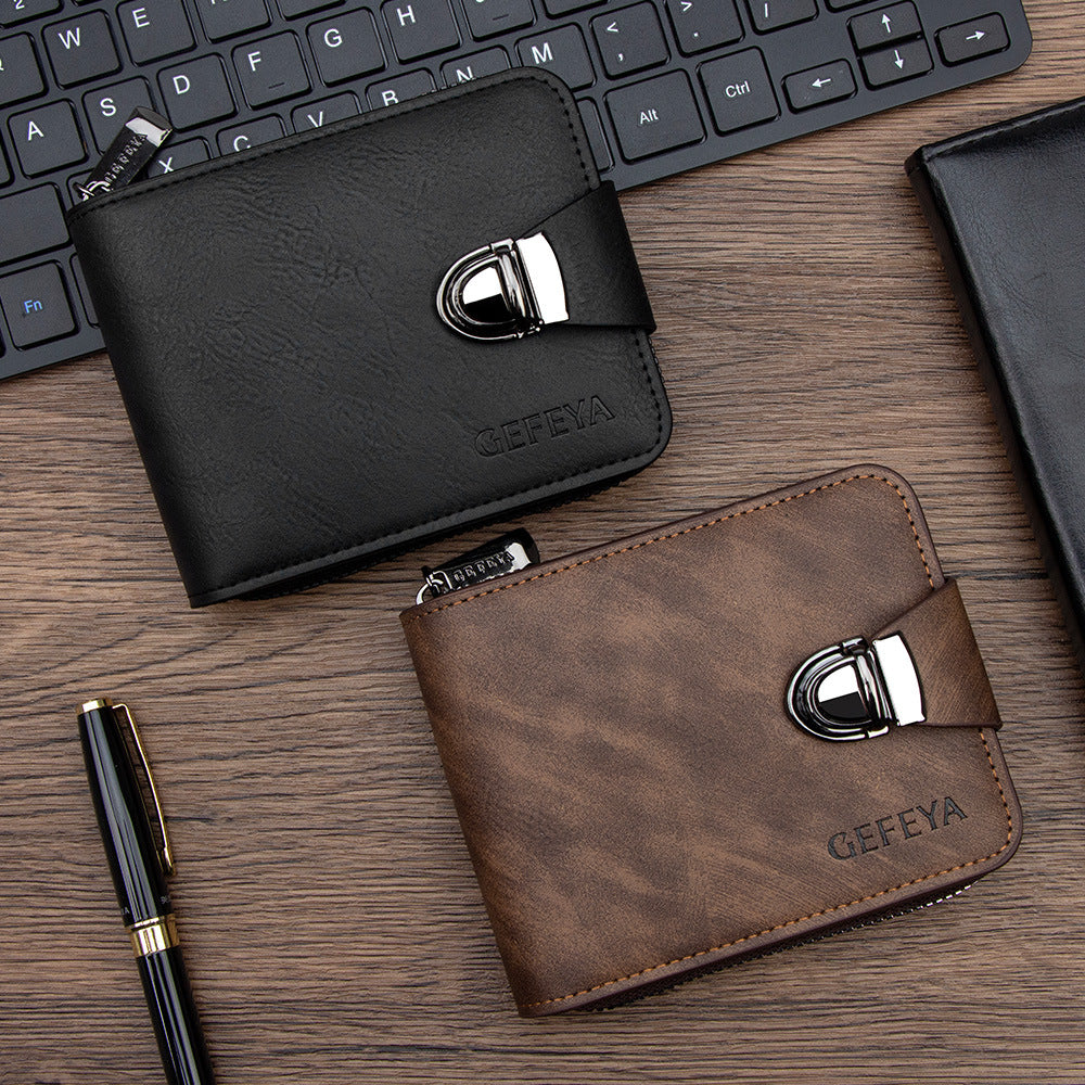 Cross-border hot sale men's short wallet business zipper large capacity multi-card wallet lock PU manufacturer wholesale