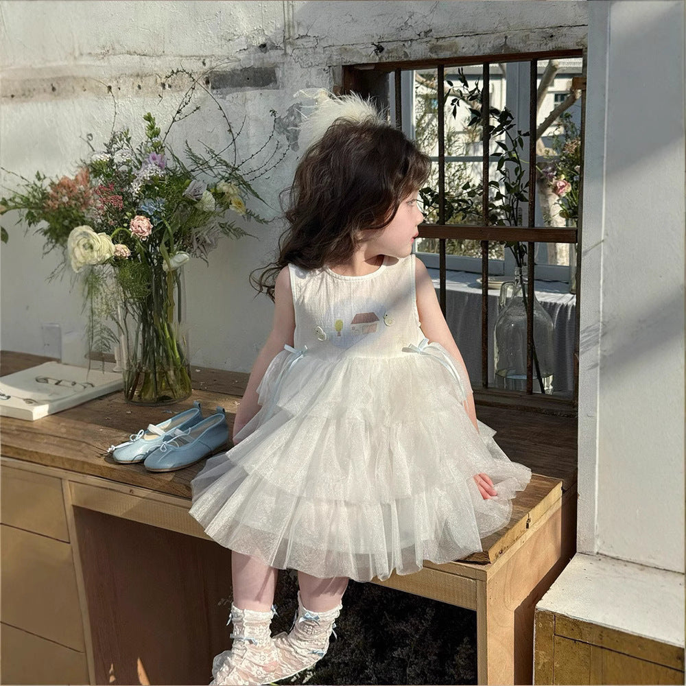 Korean children's clothing 25 summer new girls children's Korean version cartoon sleeveless mesh patchwork dress princess gauze skirt