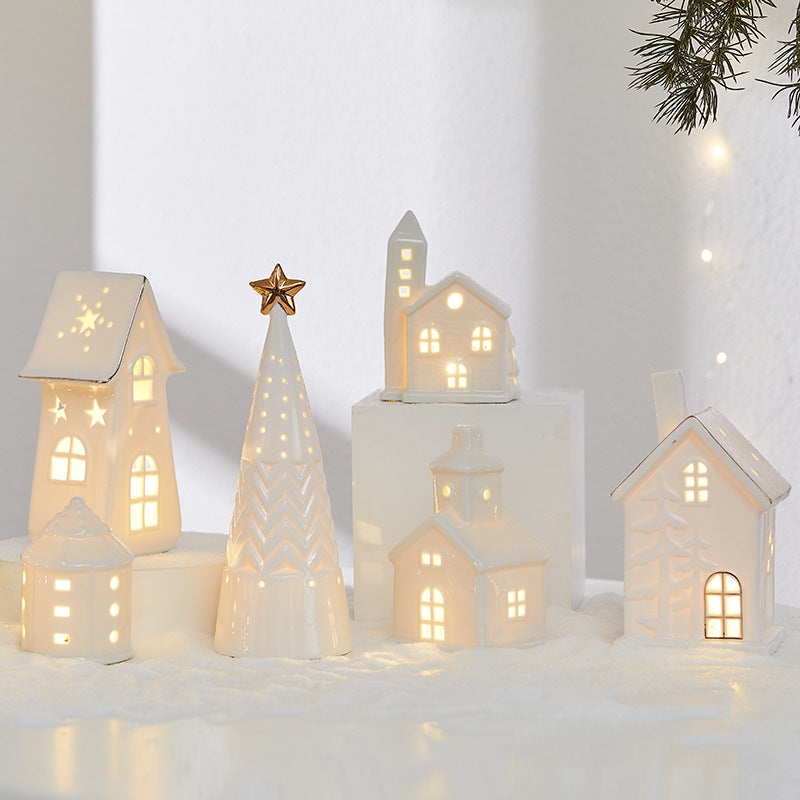 Christmas Ceramic Luminous Christmas Tree Cottage Tabletop Home Ceramic Ornaments Scene Arrangement Props Christmas Gifts