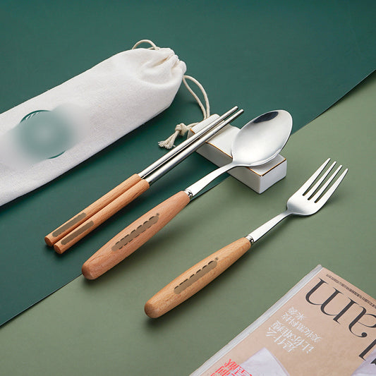 Creative Japanese Wooden Handle Tableware, Stainless Steel Spoon, Fork, Chopsticks Three-Piece Set Starba Goddess Portable Cloth Bag Set Hot Sale