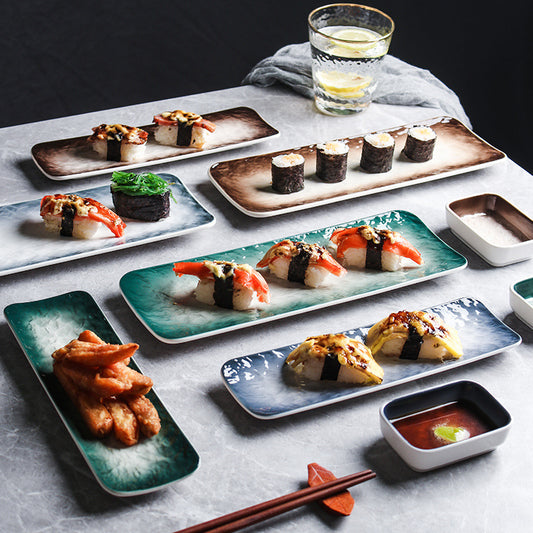 Japanese strip plate, sushi plate, dim sum plate, sashimi dipping saucer, household ceramic creative tableware, rectangular plate